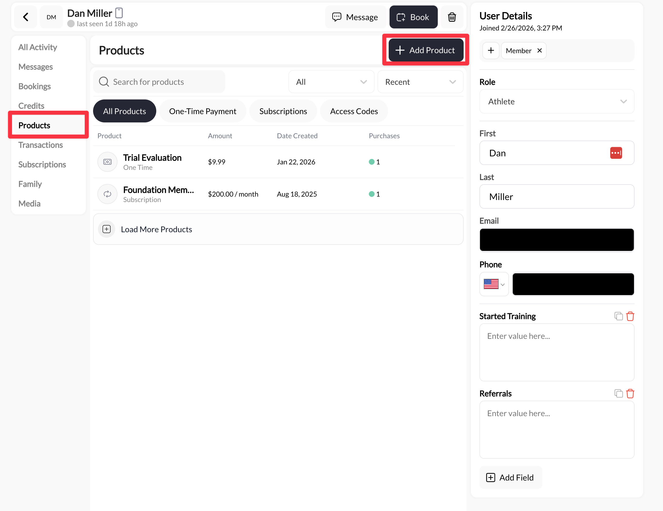 Products tab on athlete profile