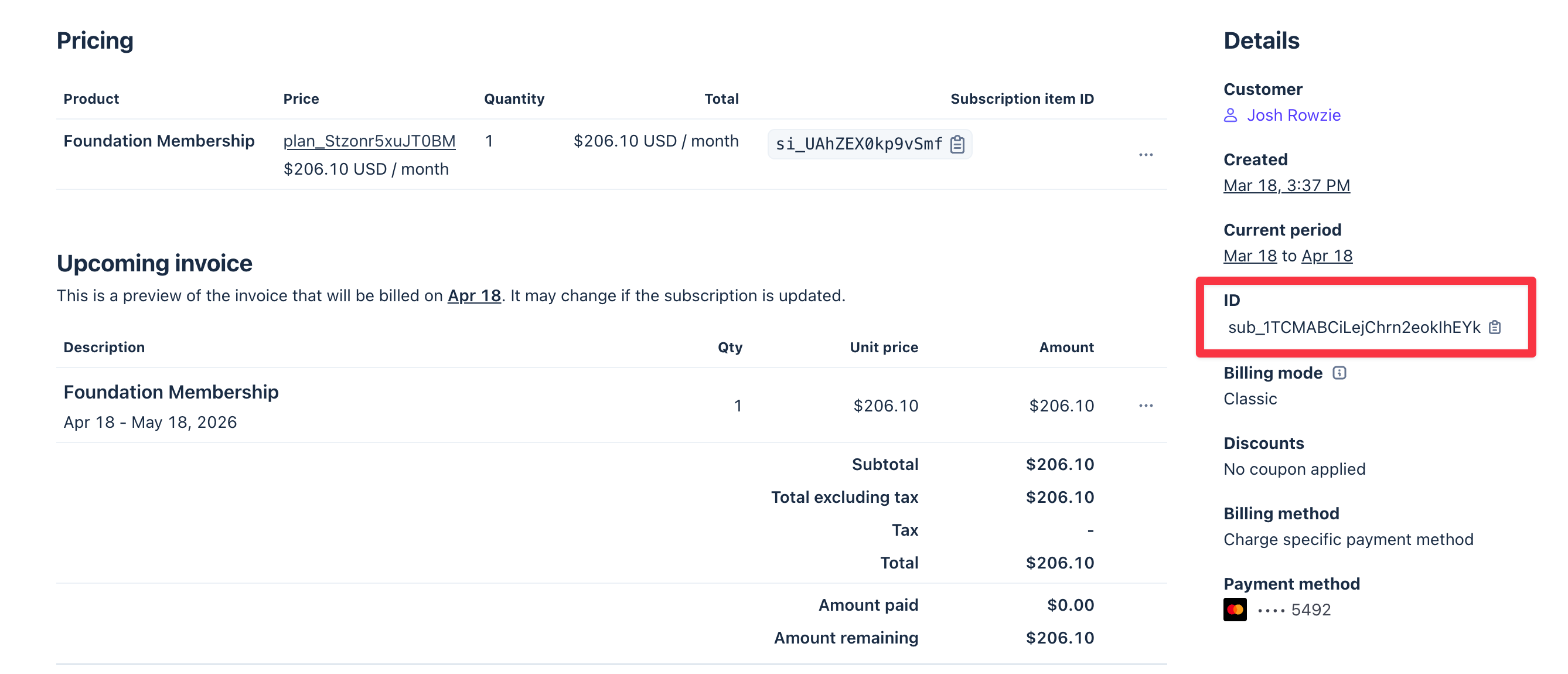 Subscription ID location in Stripe