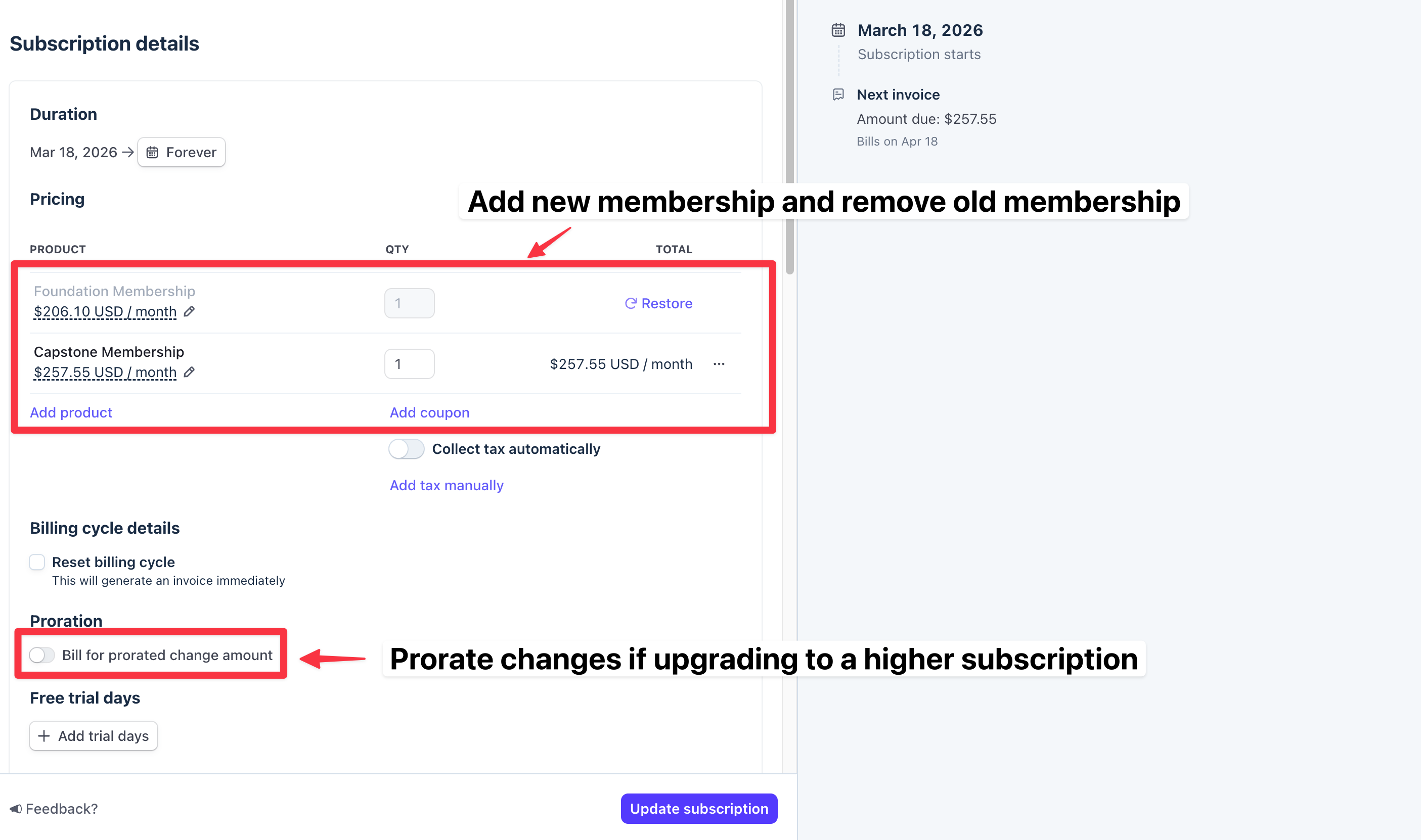 Upgrading a subscription in Stripe
