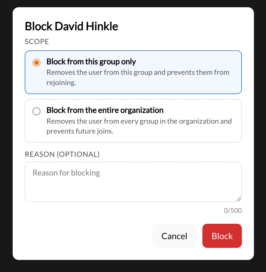 Block user scope modal