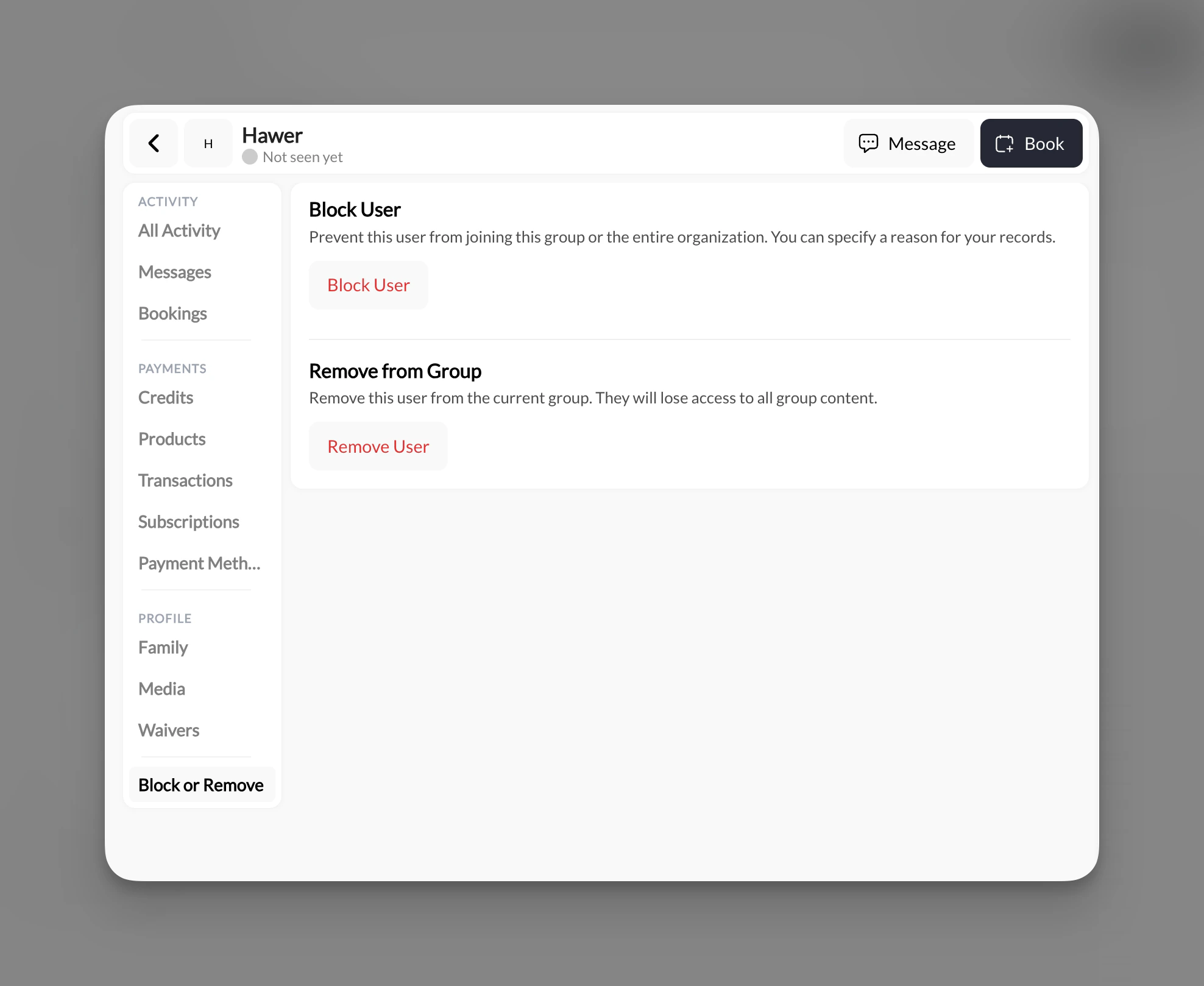 Athlete profile showing the Block or Remove tab