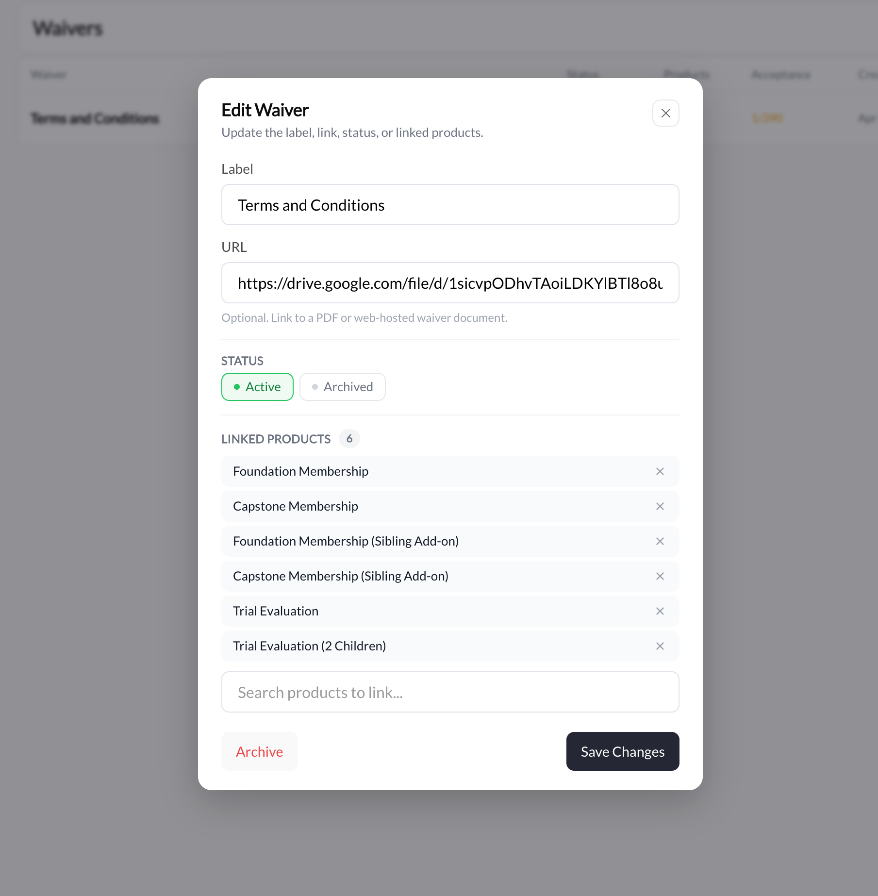 Edit Waiver modal showing label, URL, status, and linked products