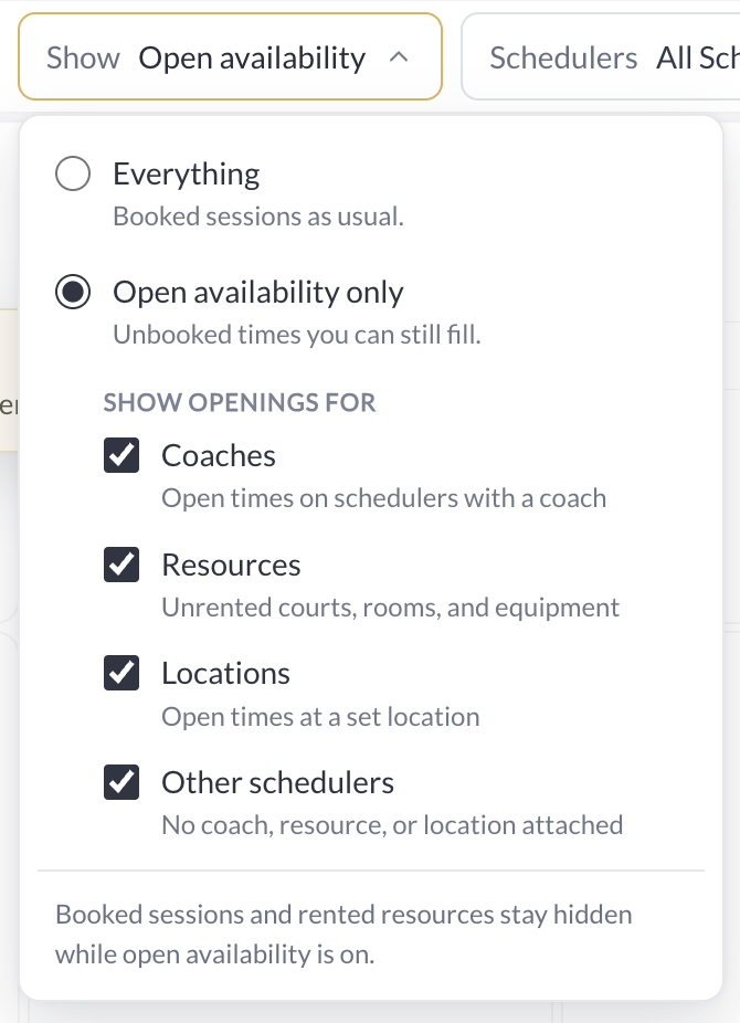 Open availability filter with coach, resource, location, and other-scheduler checkboxes