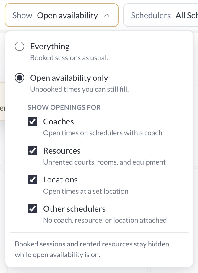 Open availability filter with coach, resource, location, and other-scheduler checkboxes