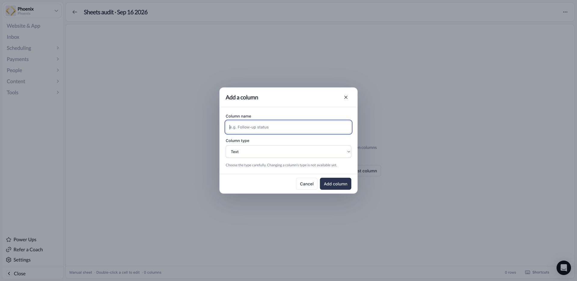 Add a column dialog with name and type controls
