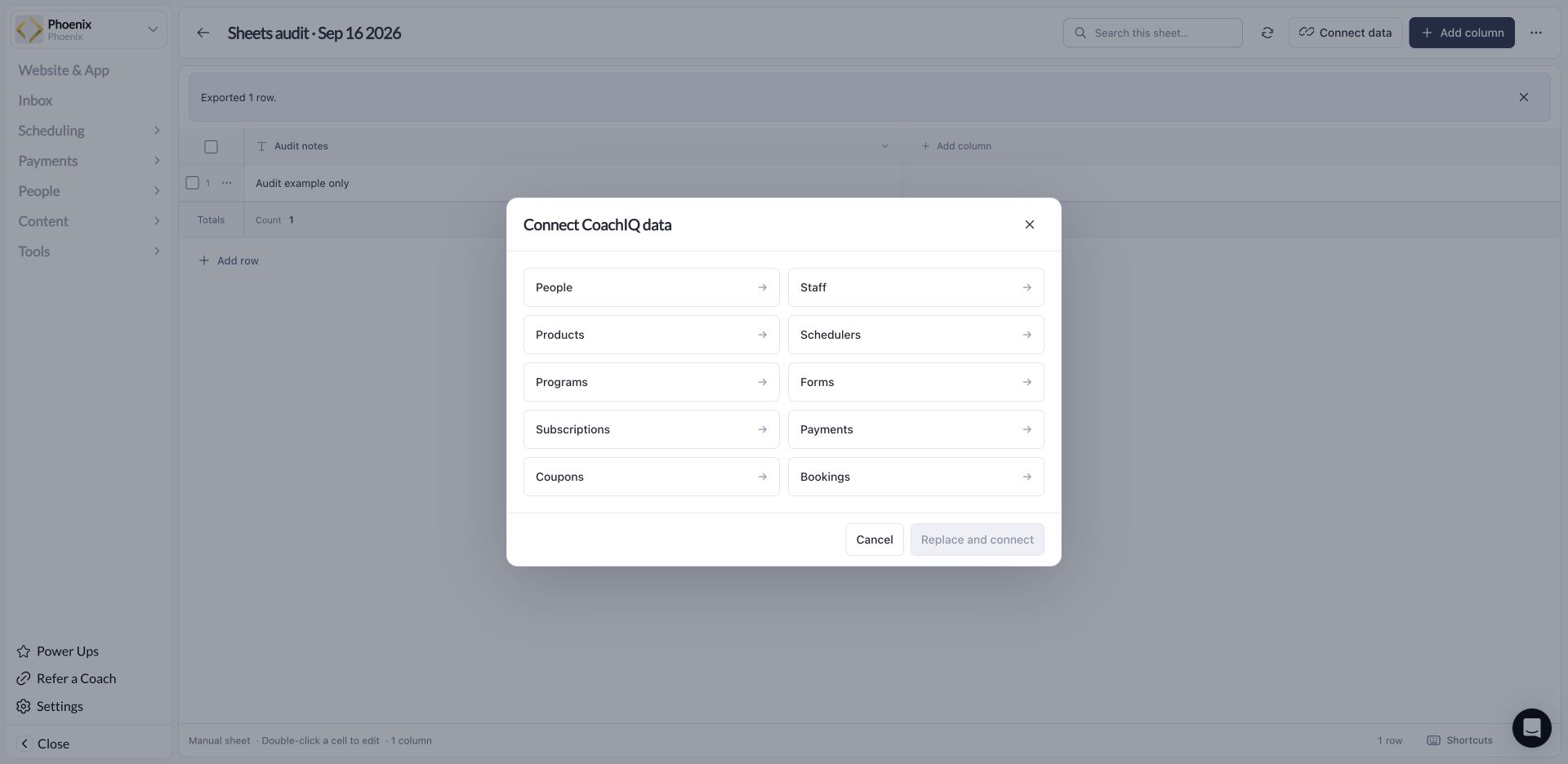 Connect CoachIQ data dialog showing the ten available source types