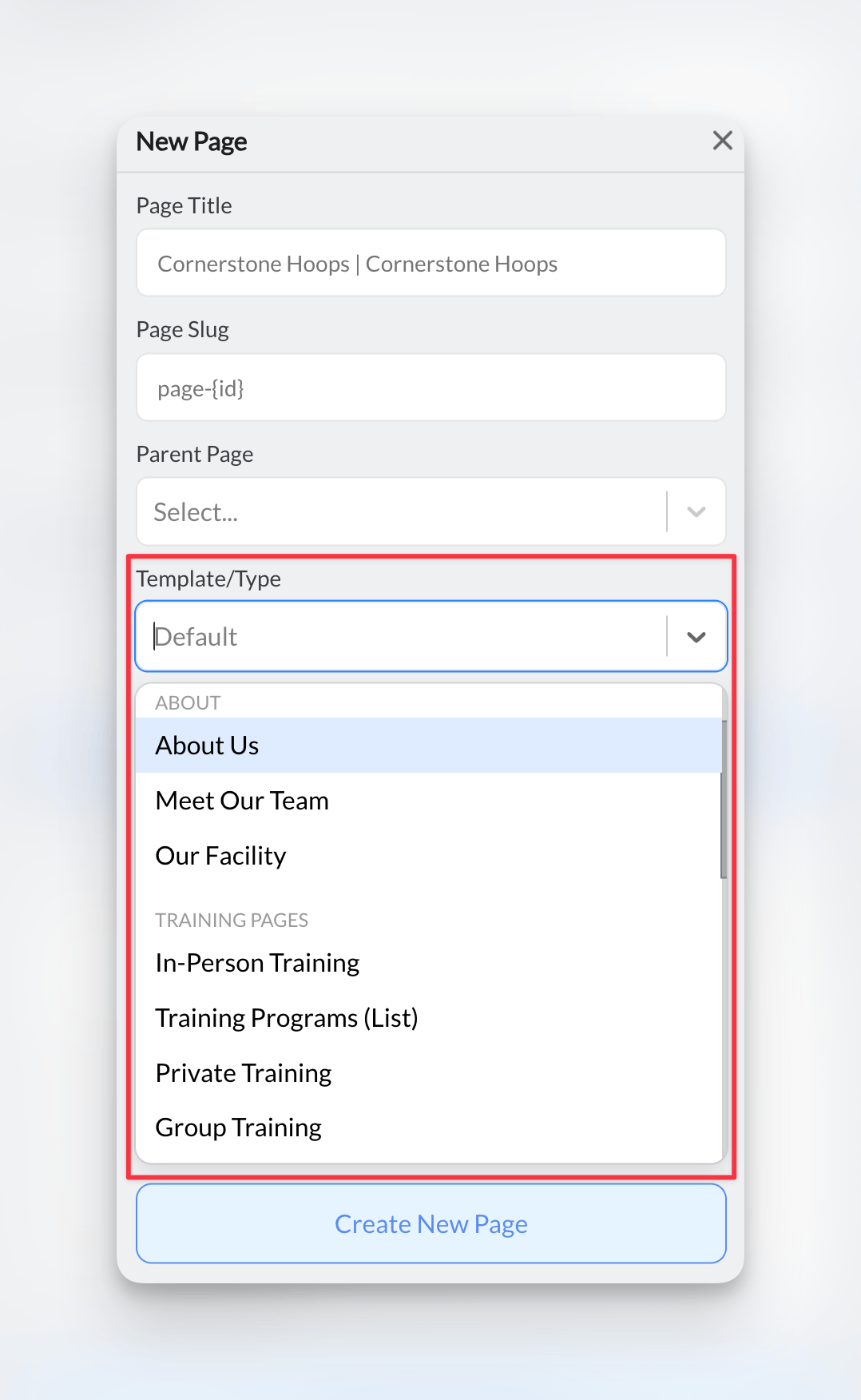 CoachIQ Add New Page dialog showing the page template dropdown options
