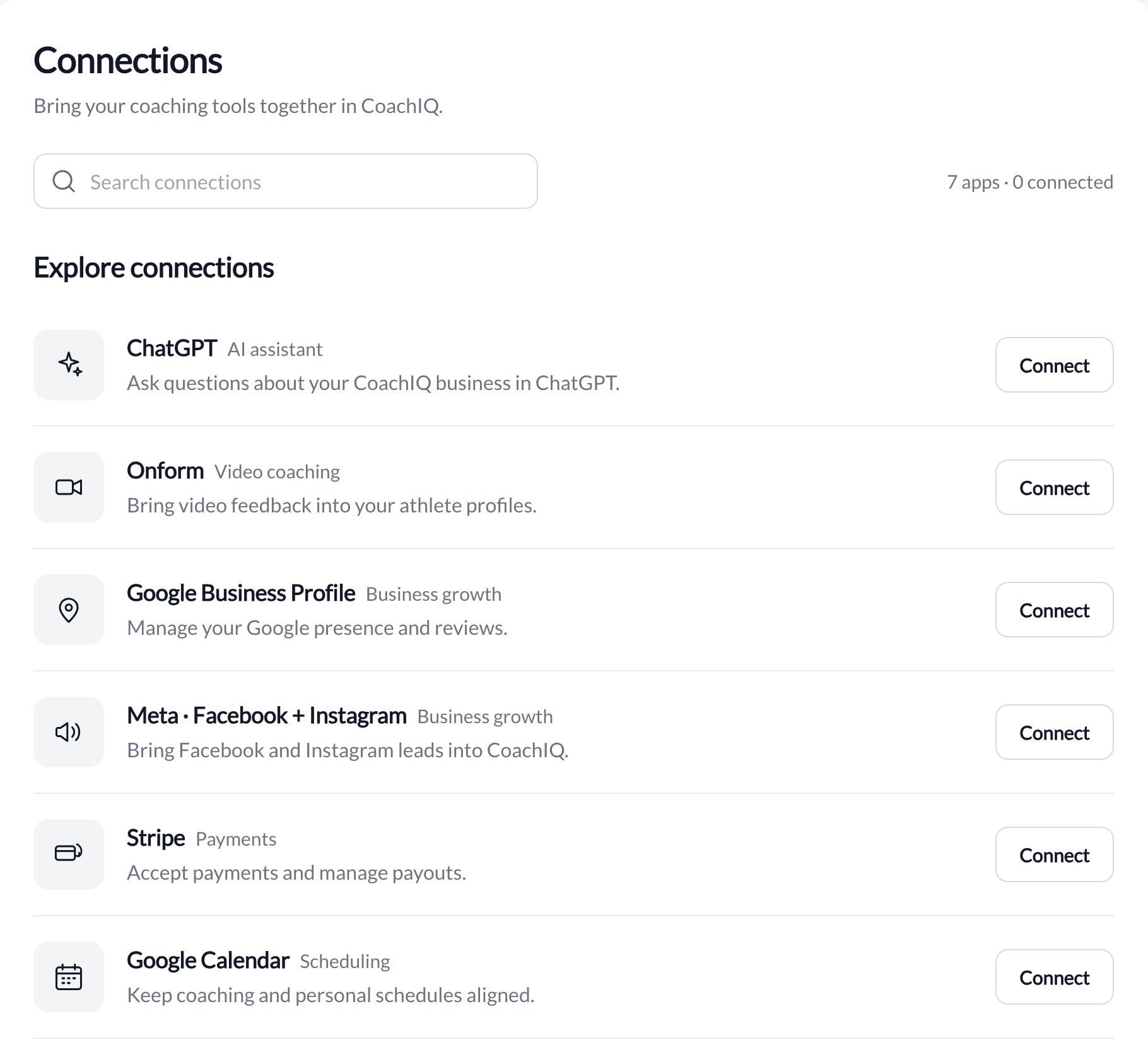 Connections directory with search and available service panels
