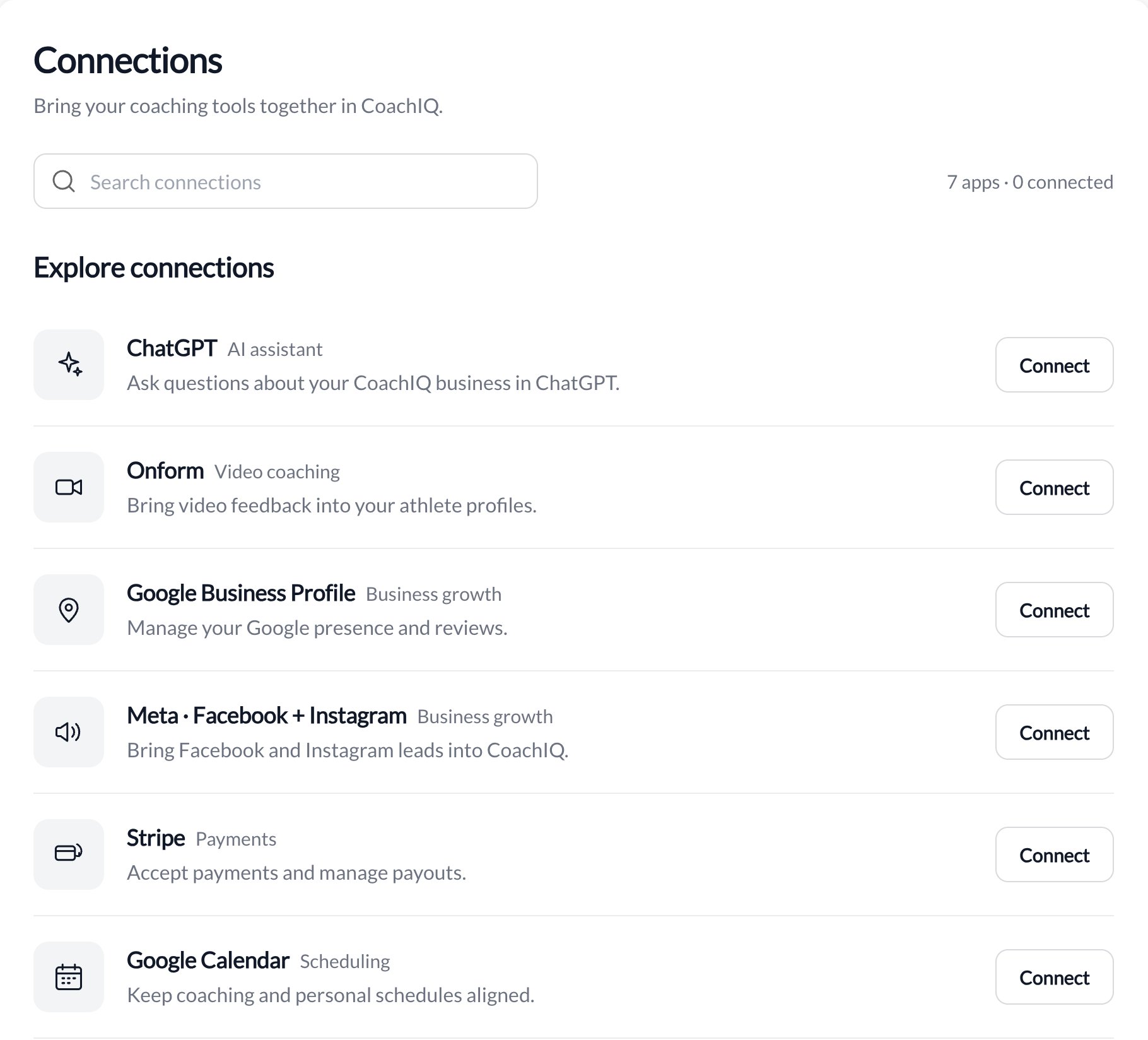 Connections directory with search and available service panels