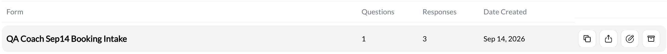 Form row with the duplicate icon followed by public-link, edit, and archive actions