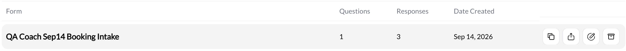 Form row with the duplicate icon followed by public-link, edit, and archive actions