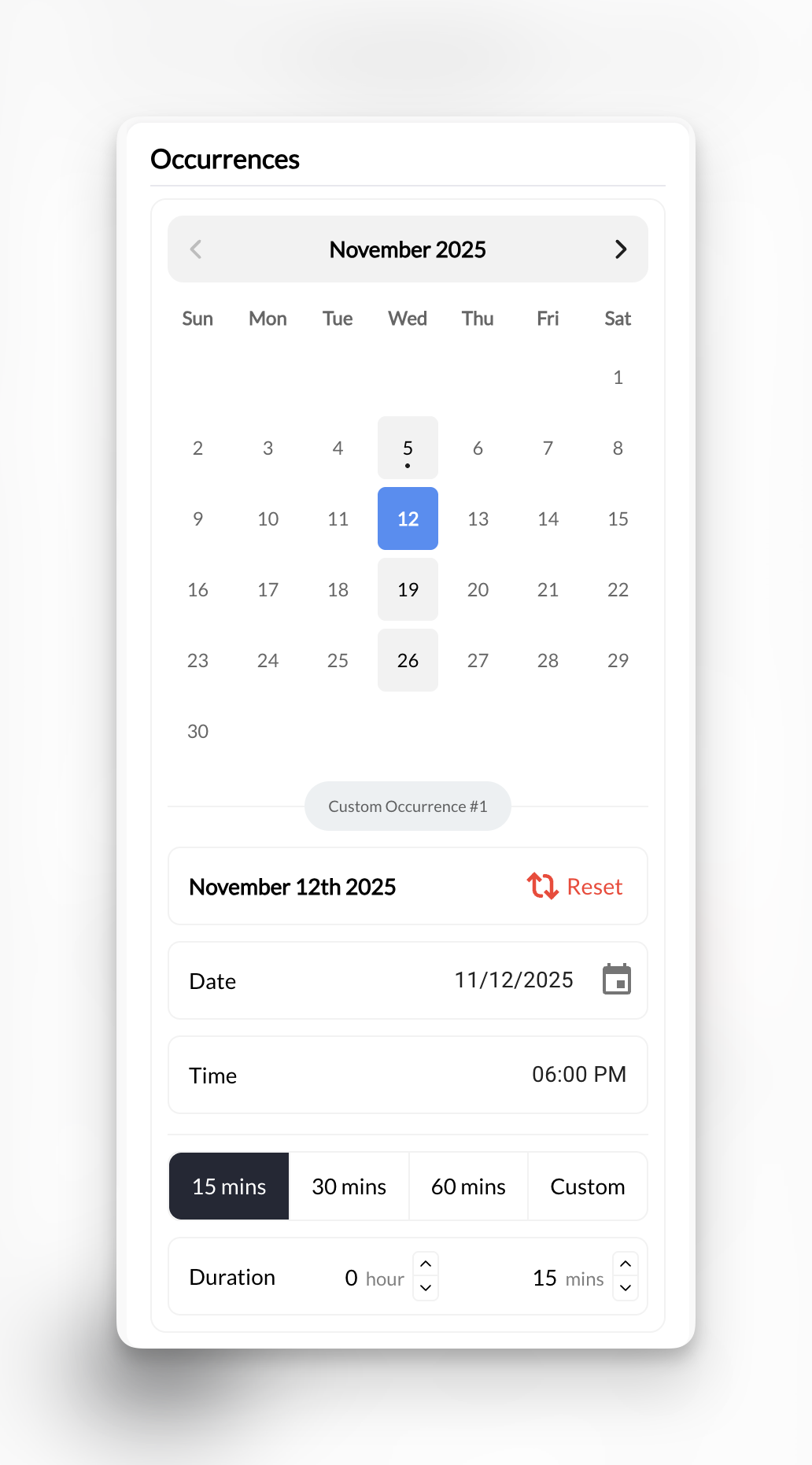 Occurrences calendar with Change and Skip options