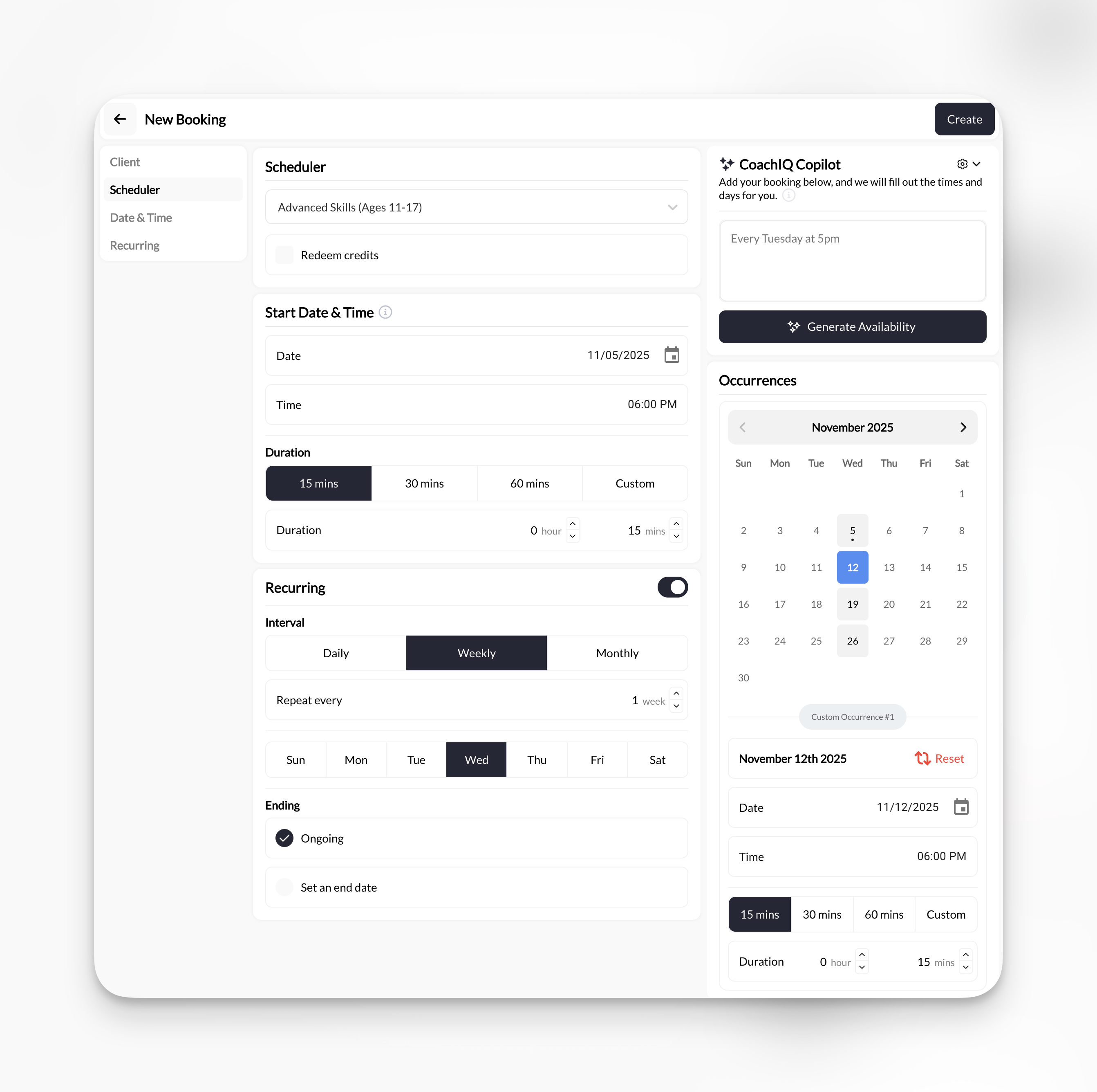 Recurring toggle enabled in Booking Builder