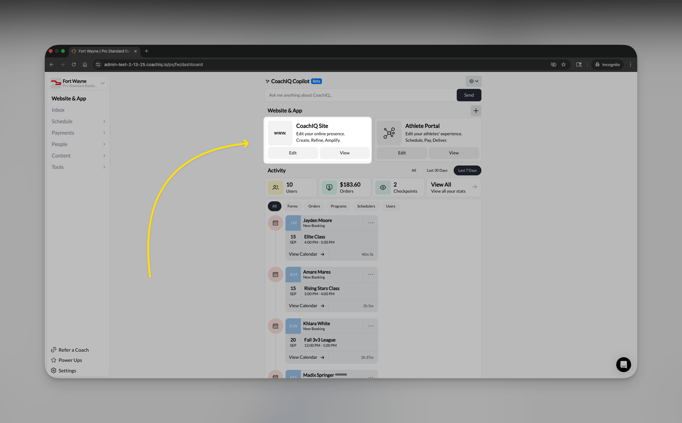 CoachIQ dashboard showing the Website Builder location in the navigation