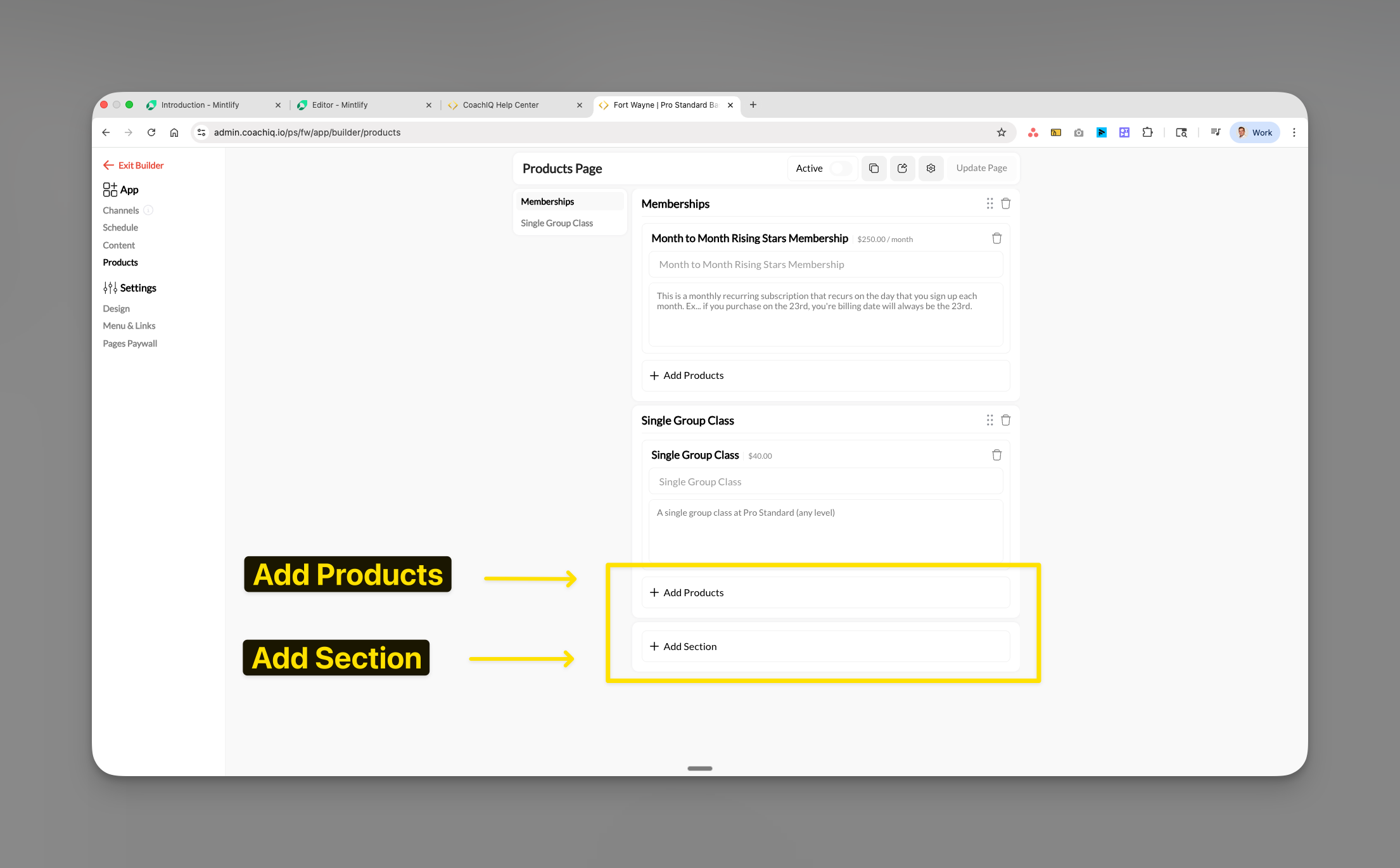 Add Products button in section