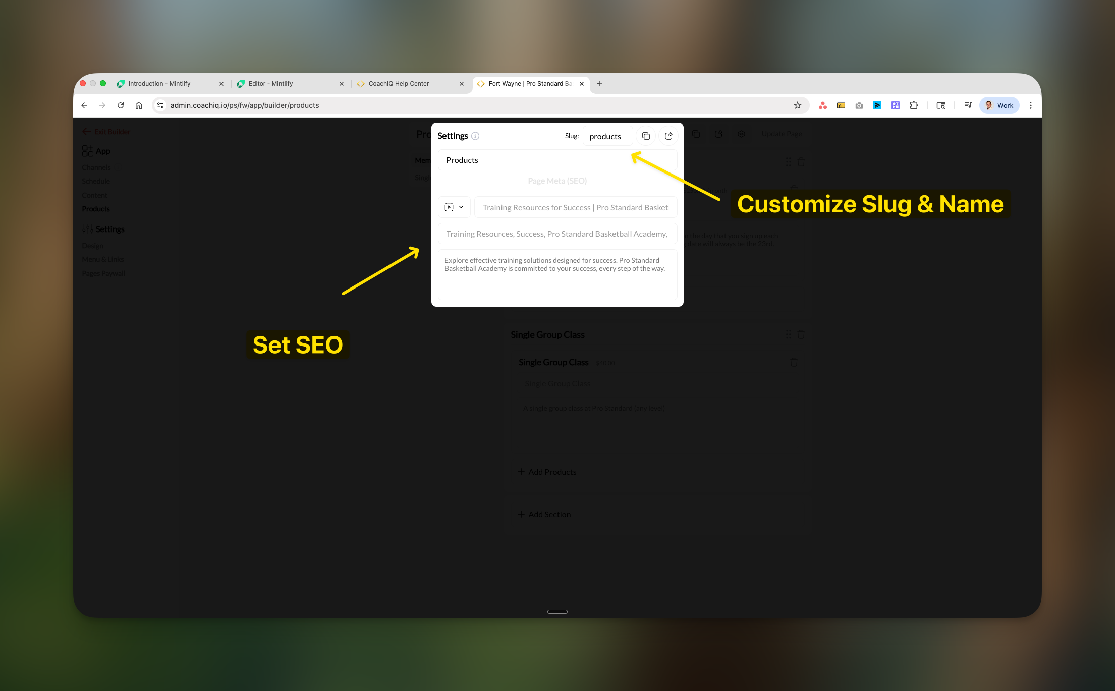 Settings menu for Products page