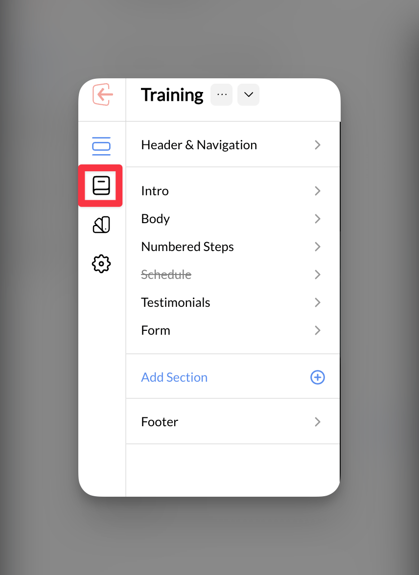 Book icon highlighted in the Website Builder left sidebar