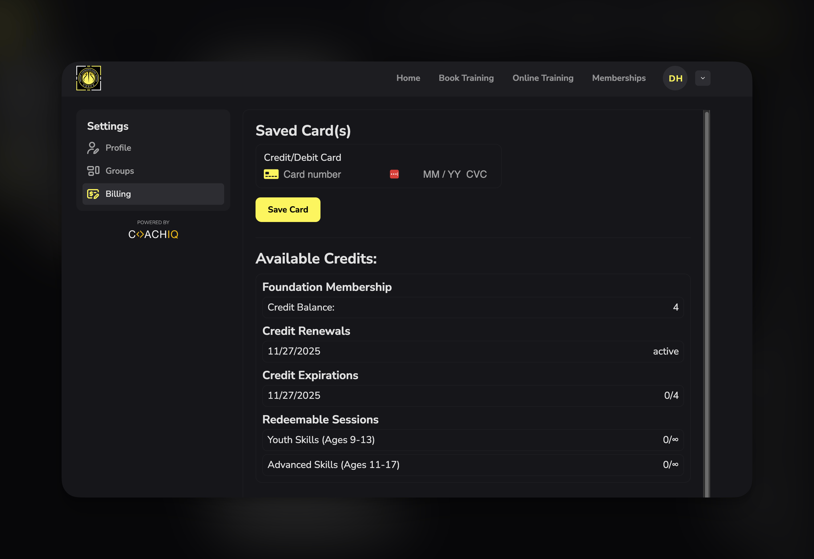 Athlete portal billing page showing credit balance and redeemable sessions