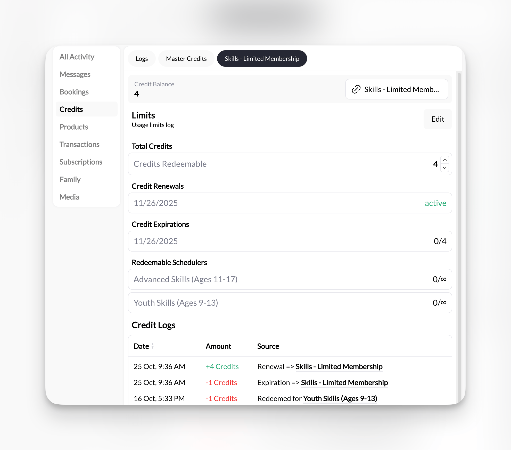 CoachIQ coach dashboard showing athlete credit balances and usage details