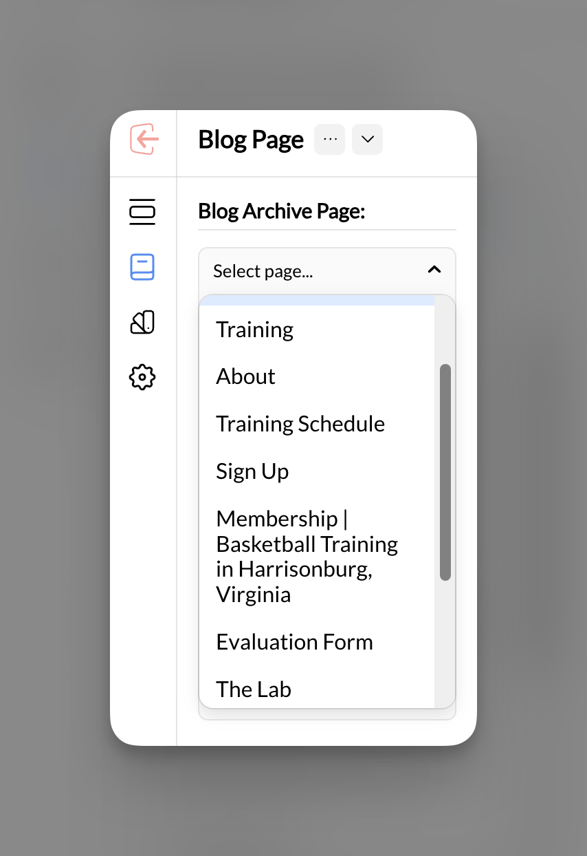 Blog Archive Page selector showing a dropdown with website pages listed