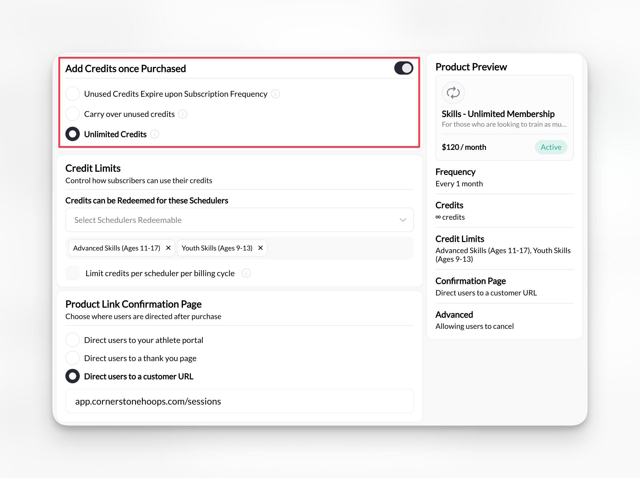 CoachIQ subscription product setting to issue credits per billing cycle