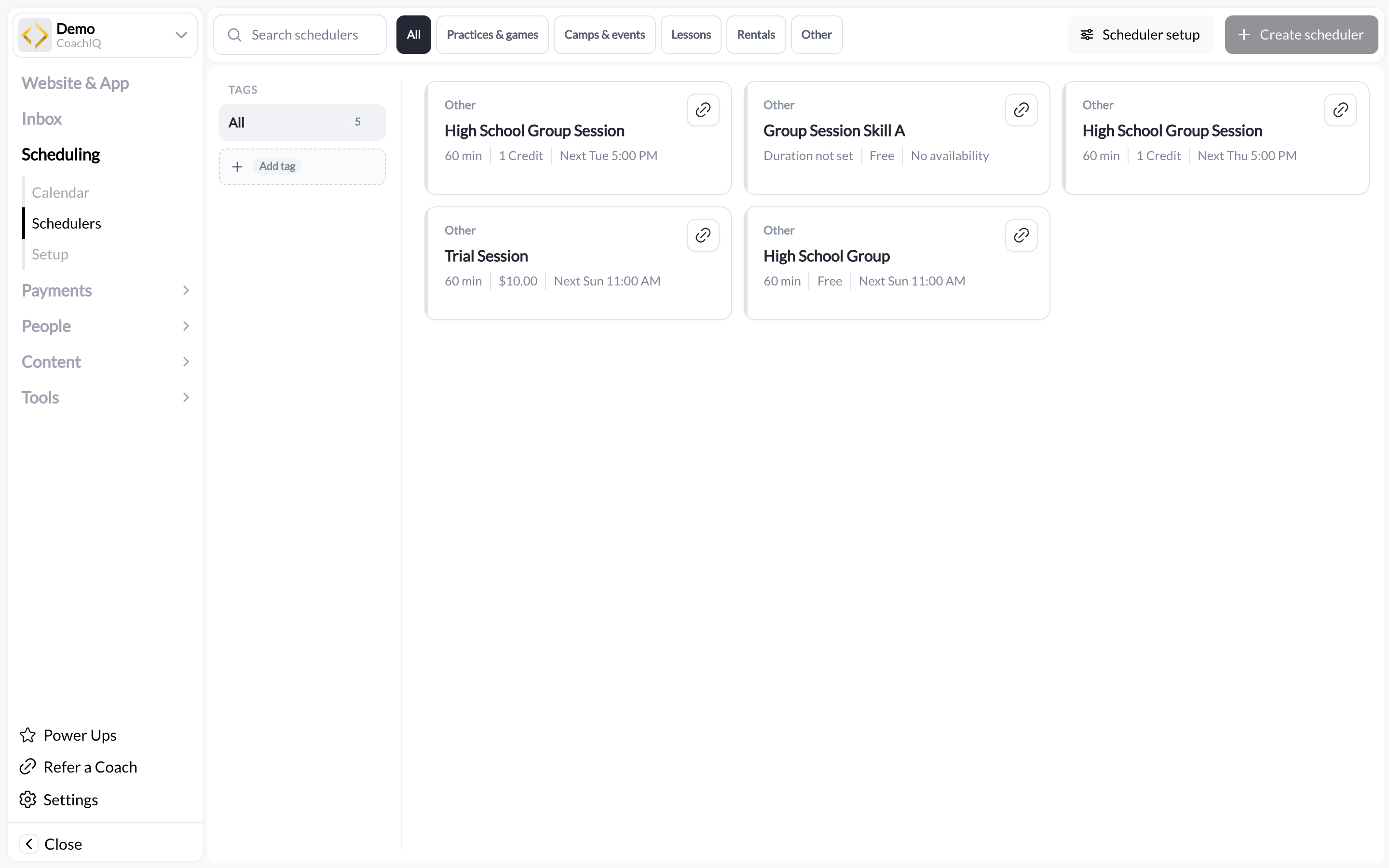 Schedulers page showing your new session