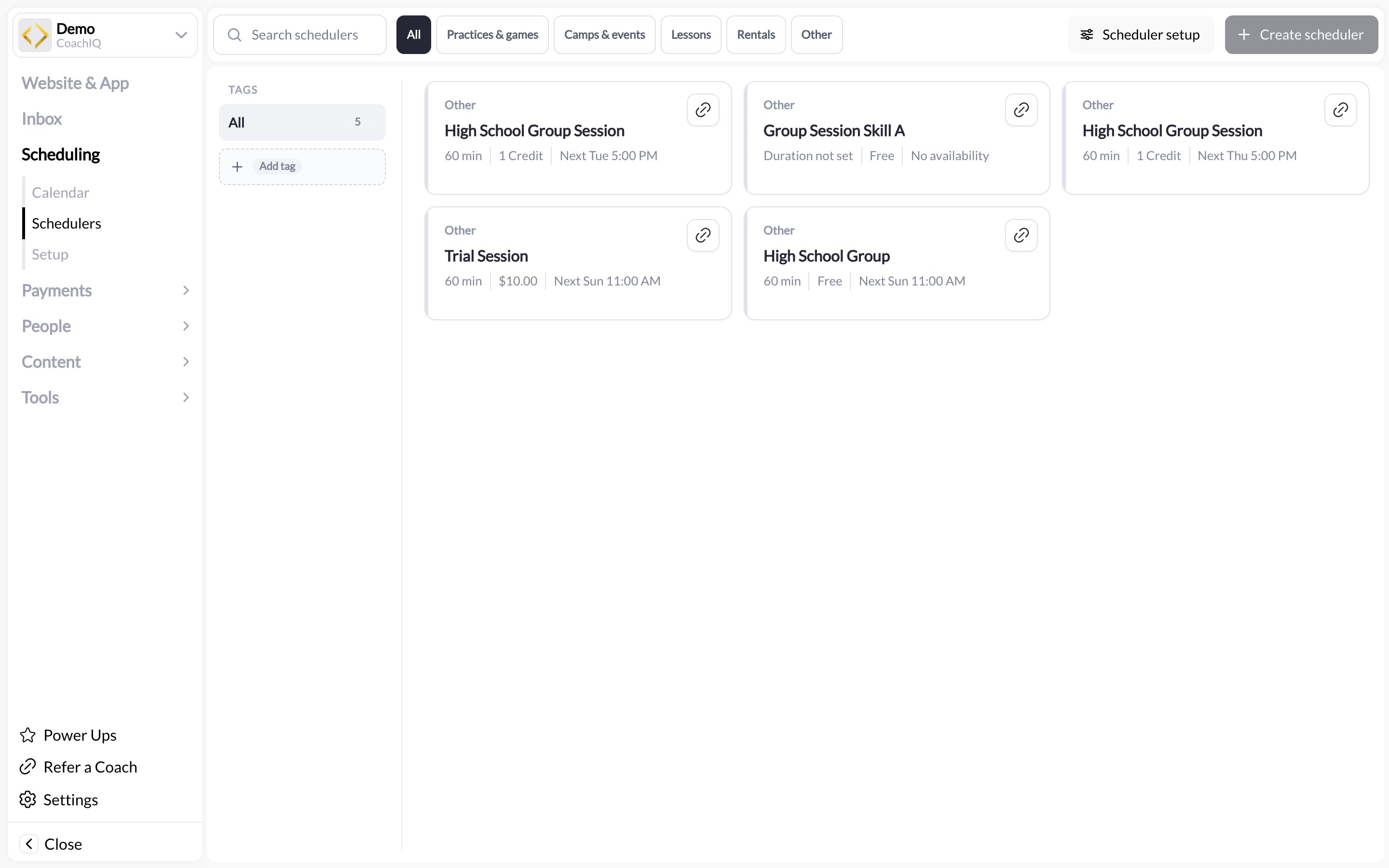 Schedulers page with catalog type chips, the TAGS panel, and scheduler cards