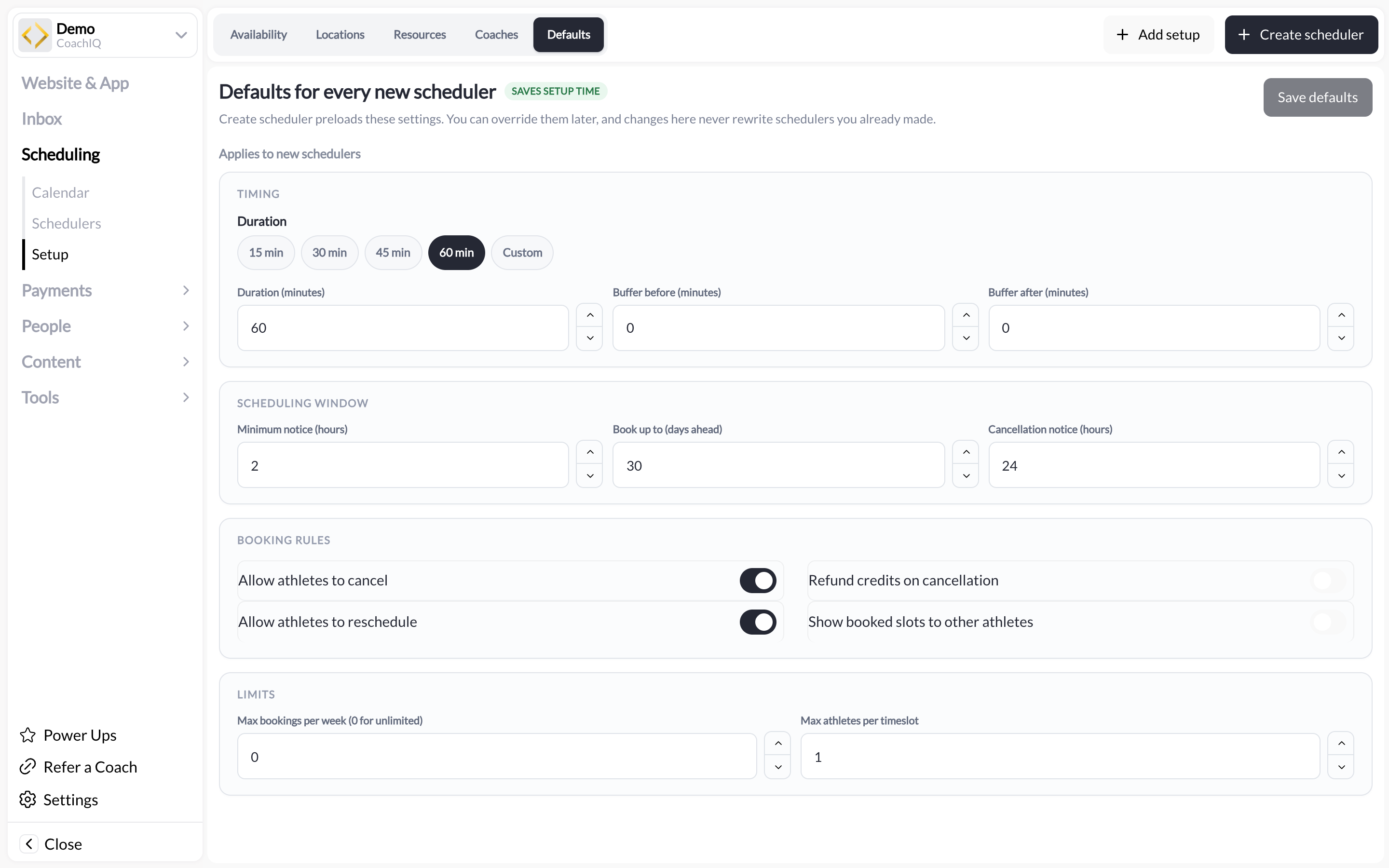 Scheduling › Setup › Defaults: Timing, Scheduling window, Booking rules, Limits