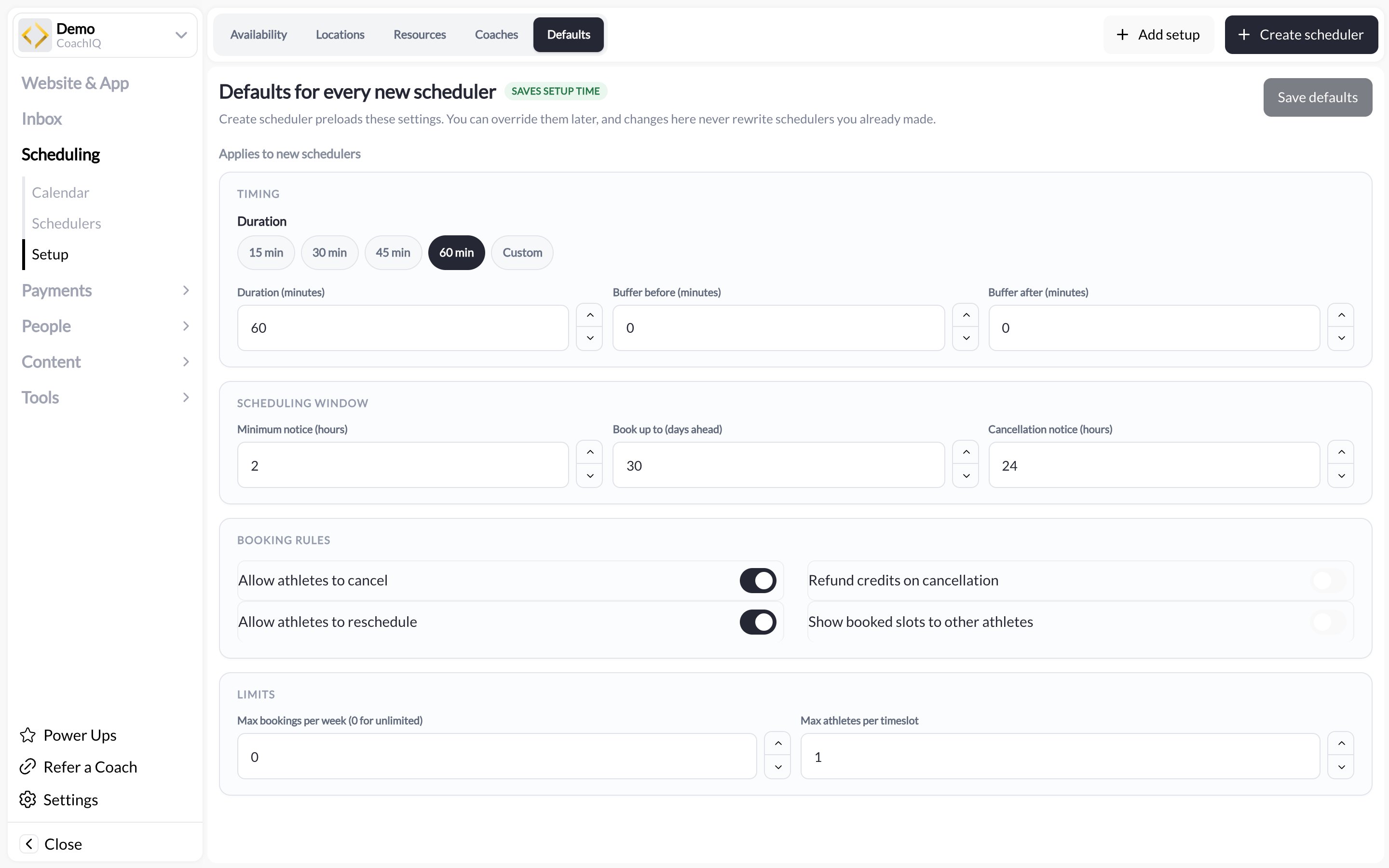 Scheduling › Setup › Defaults: Timing, Scheduling window, Booking rules, Limits