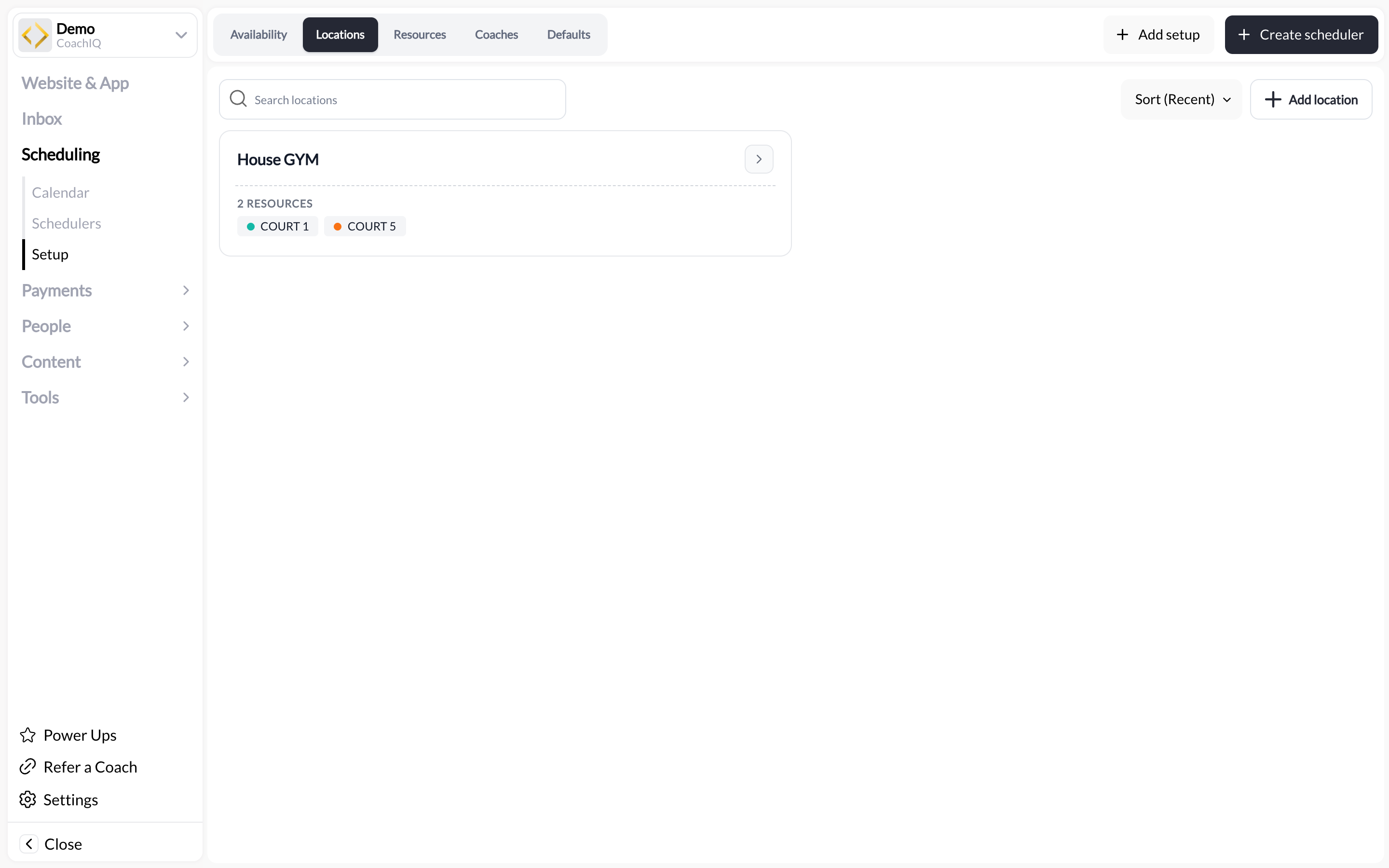 Scheduling › Setup › Locations showing a location card with its resources