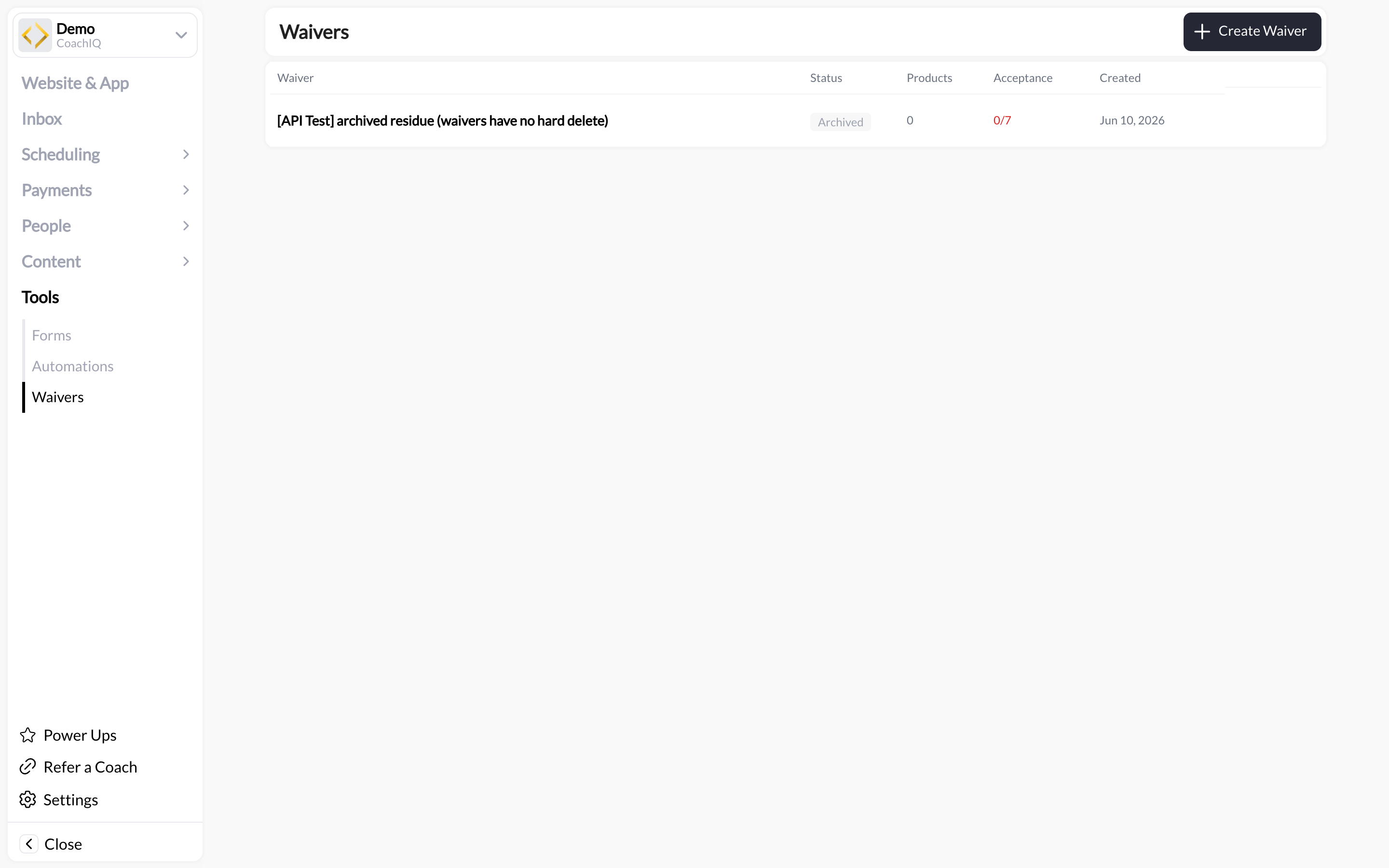 Waivers dashboard showing waiver list with status, linked products, and acceptance count