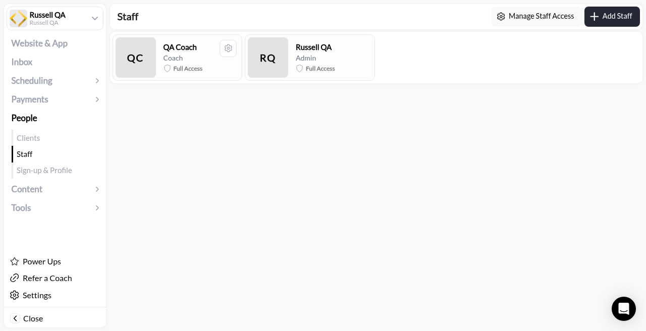 People Staff list with a Coach and an Admin, both Full Access