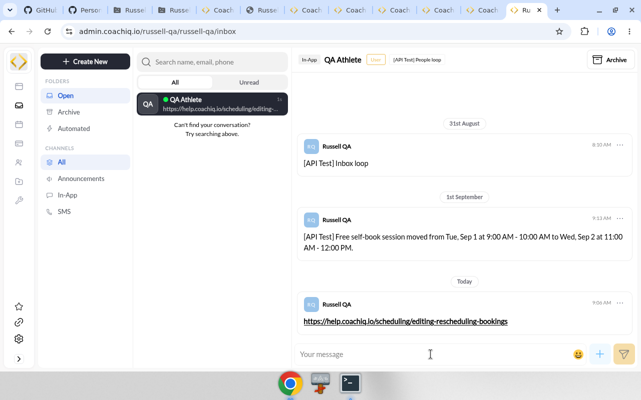 Sent In-App message with the URL as a blue underlined hyperlink