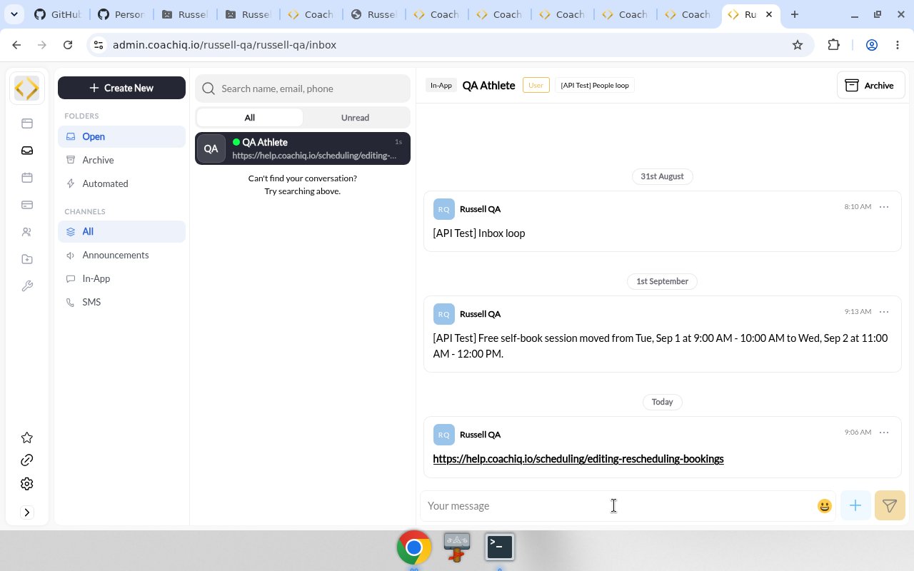 Sent In-App message with the URL as a blue underlined hyperlink