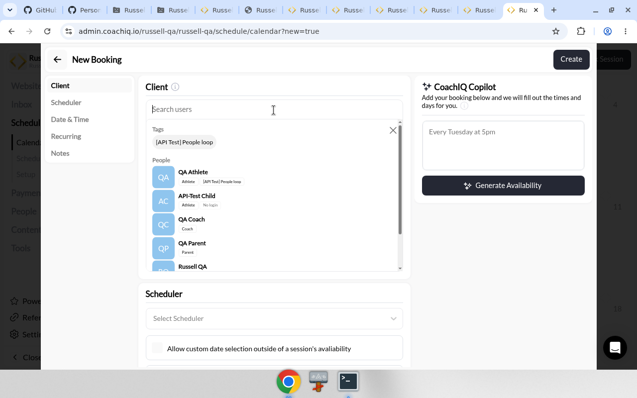 New Booking Client dropdown grouped into Tags and People