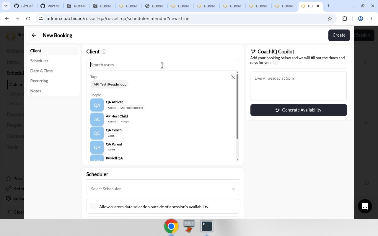 New Booking Client dropdown grouped into Tags and People
