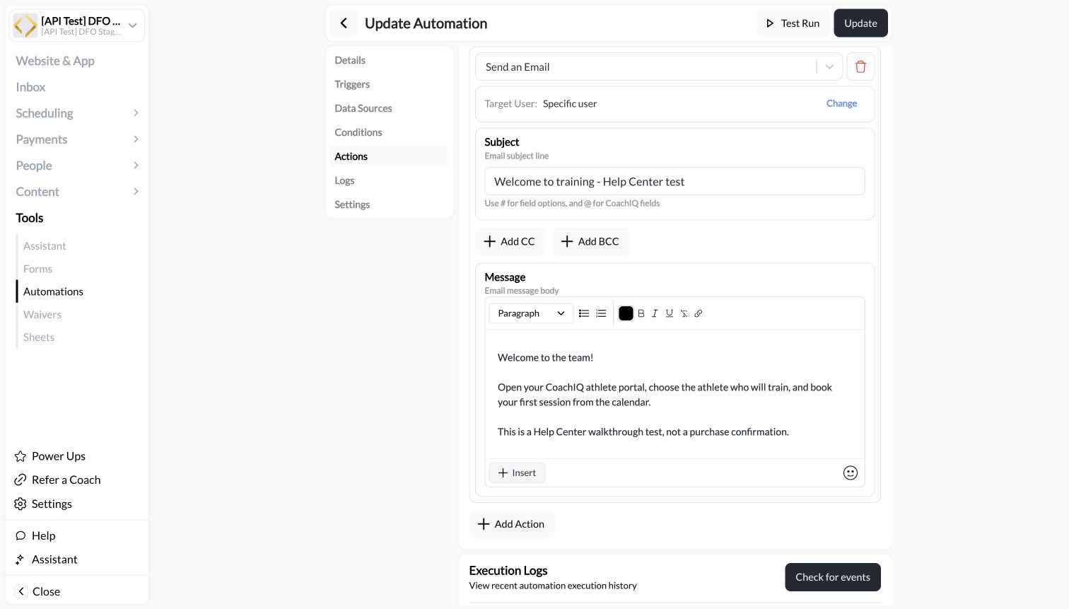 Configured CoachIQ Send an Email action in the current automation builder