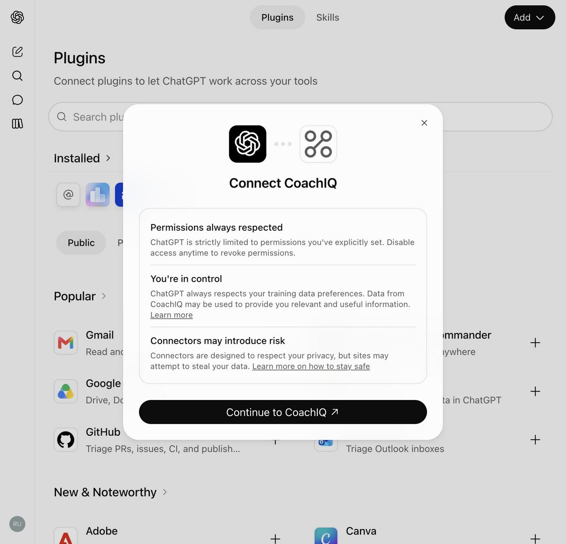 ChatGPT Connect CoachIQ dialog with Continue to CoachIQ