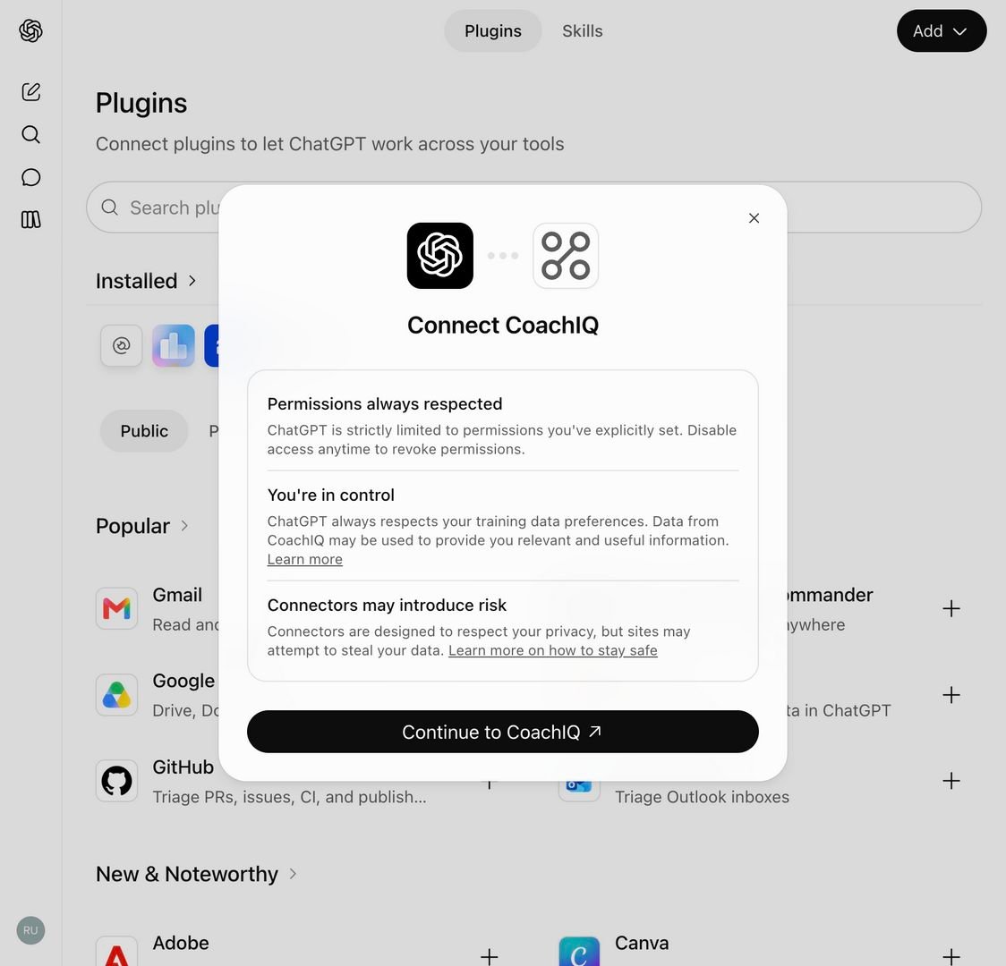 ChatGPT Connect CoachIQ dialog with Continue to CoachIQ
