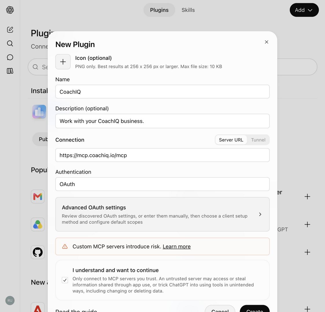 ChatGPT New Plugin form configured for CoachIQ with its MCP URL and OAuth