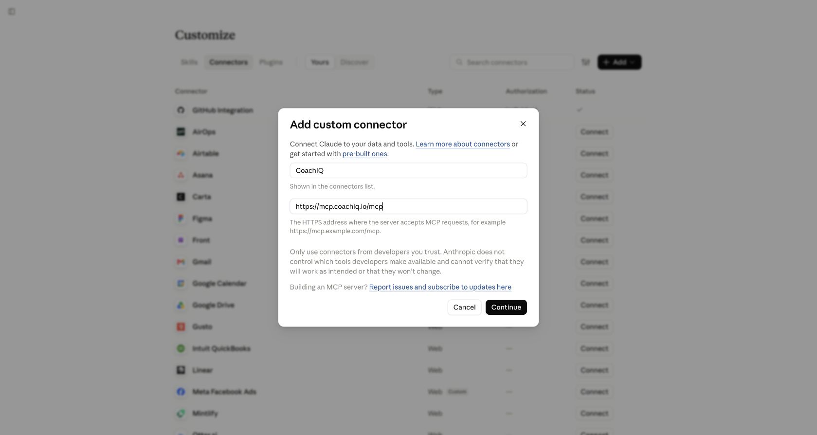 Claude Add custom connector dialog with the CoachIQ name and MCP server address