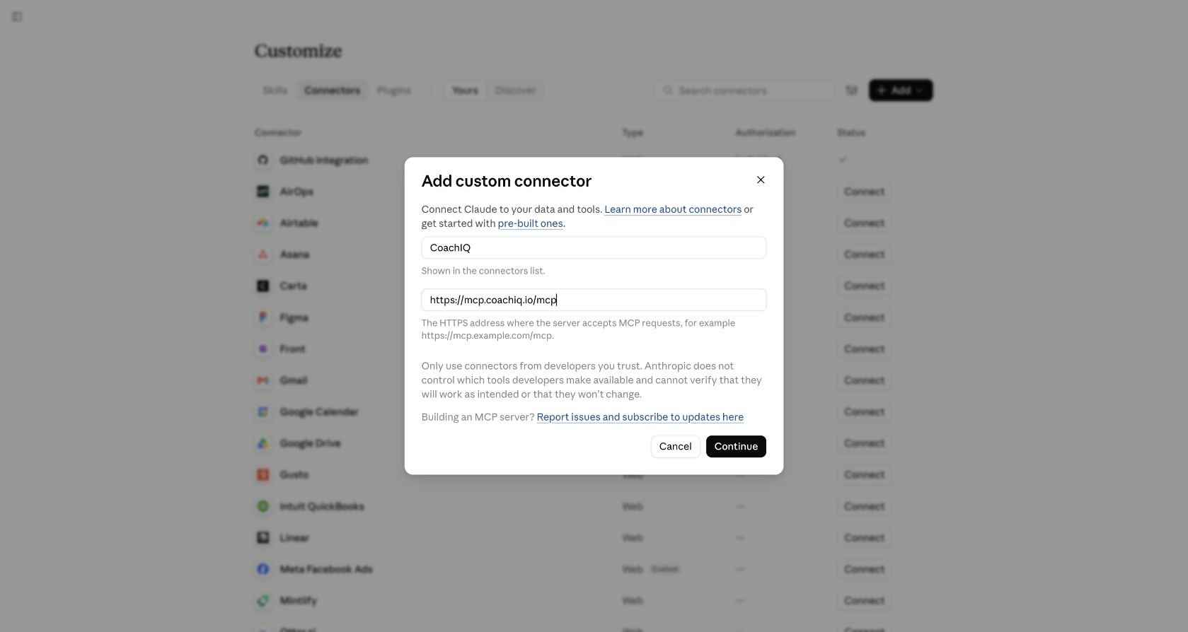 Claude Add custom connector dialog with the CoachIQ name and MCP server address