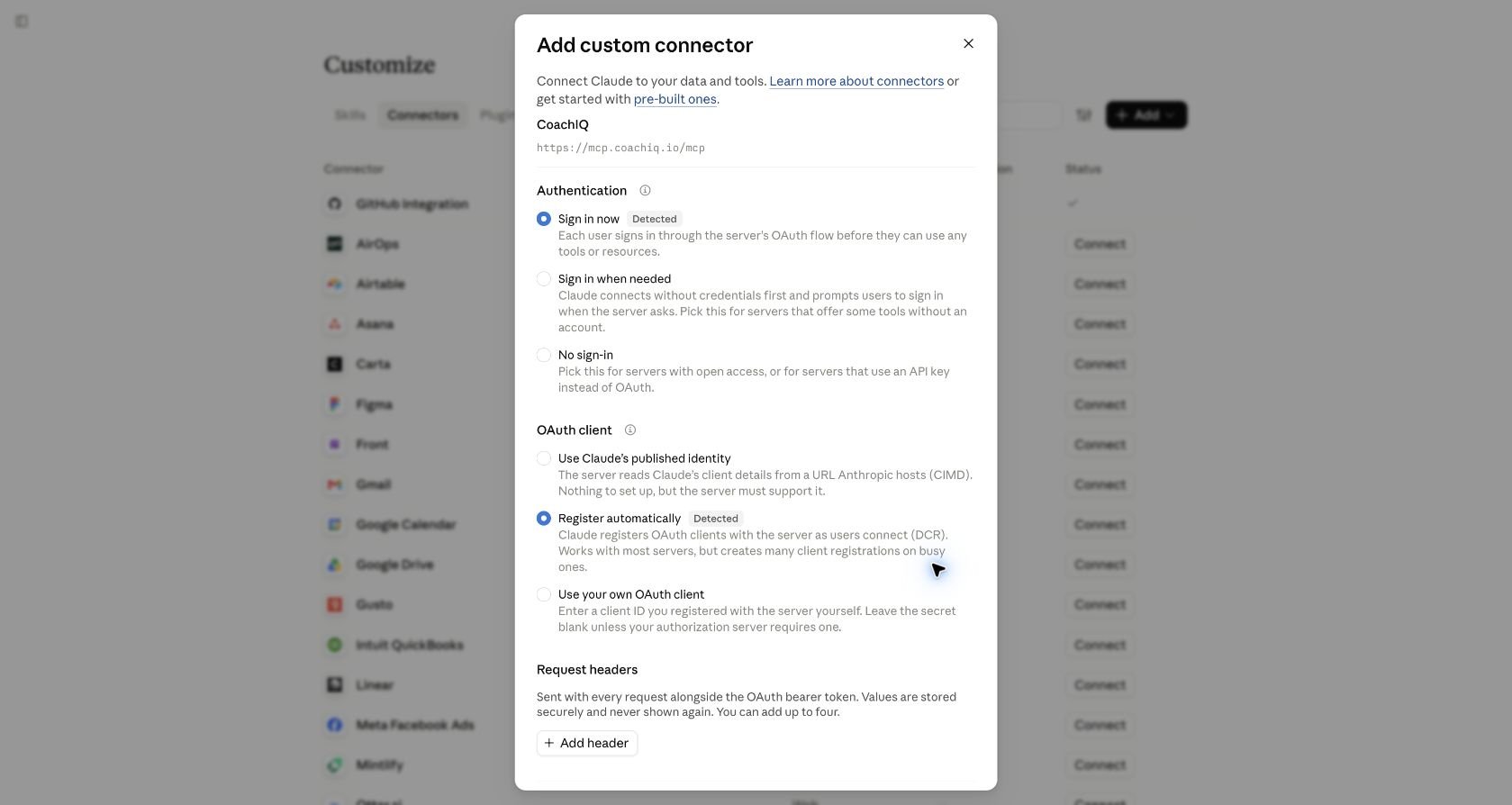 Claude OAuth settings with Sign in now and Register automatically selected
