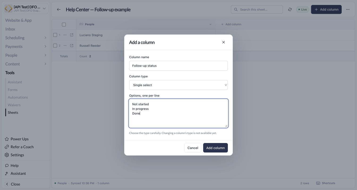 Add a column dialog with Single select status options