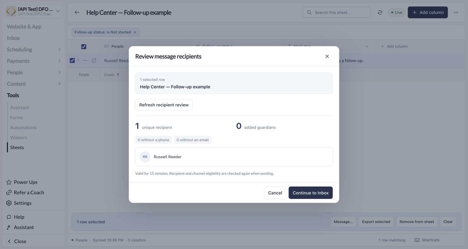 Sheet recipient review showing one unique recipient, guardian count, and Continue to Inbox
