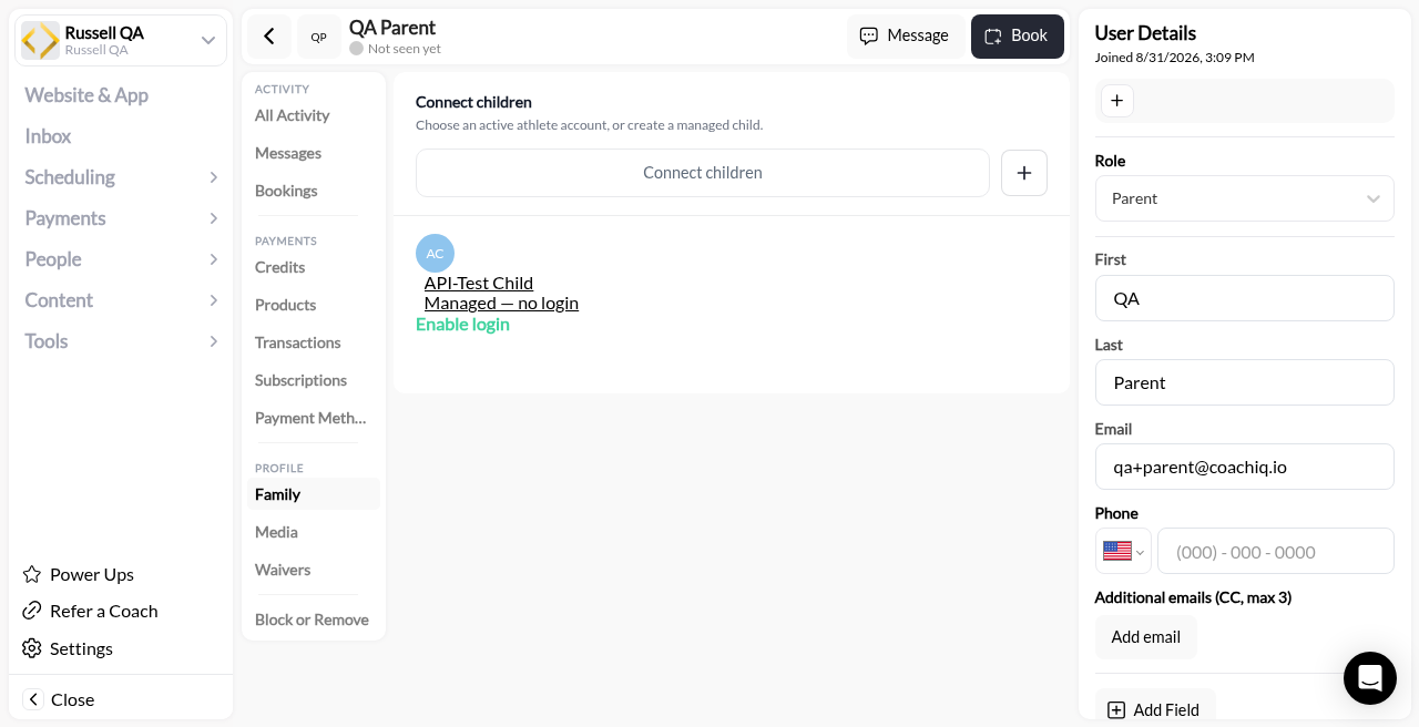 Client Family section with Connect children
