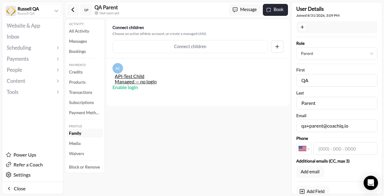 Client Family section with Connect children
