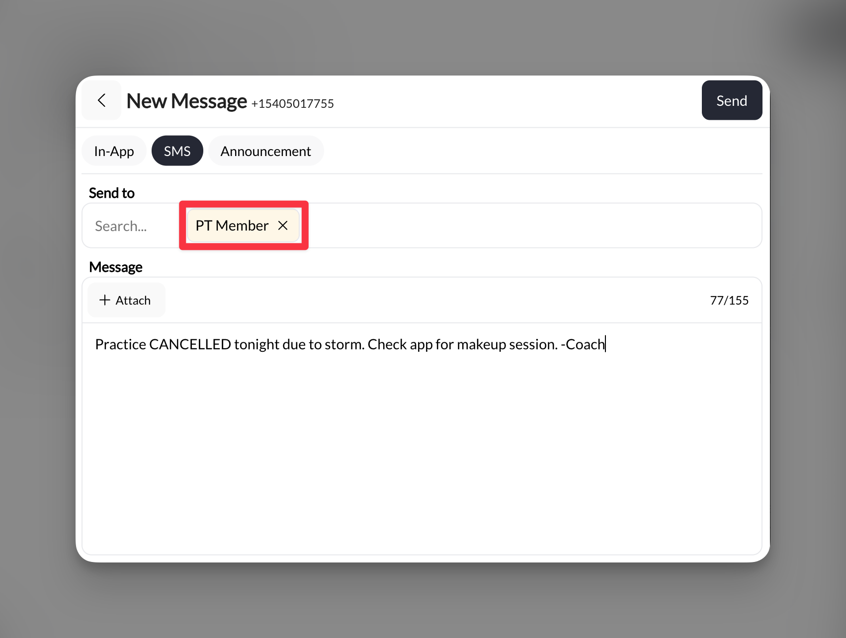 CoachIQ mass SMS composer with recipient filter for group texting