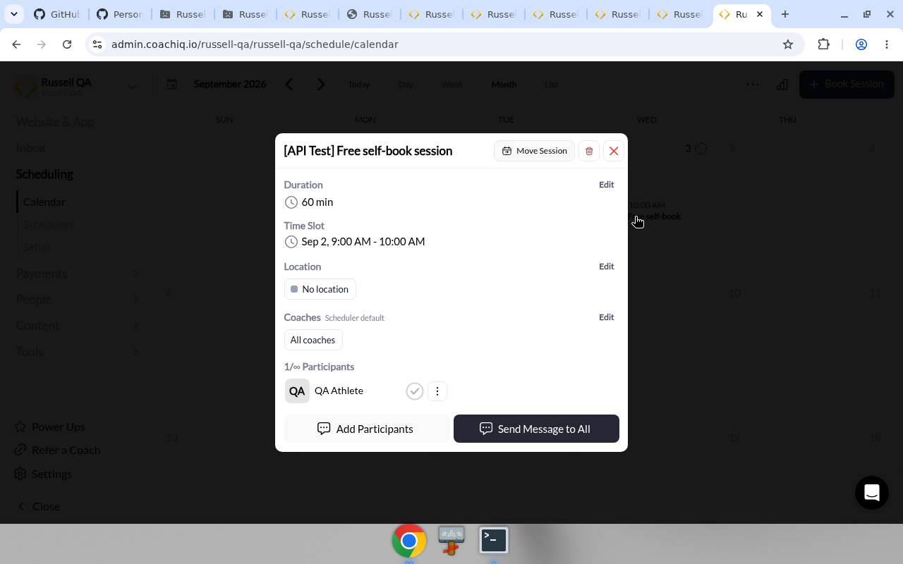 Calendar session click view with Duration, Time Slot, Location, and Coaches