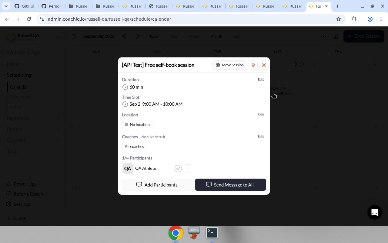 Calendar session click view with Duration, Time Slot, Location, and Coaches